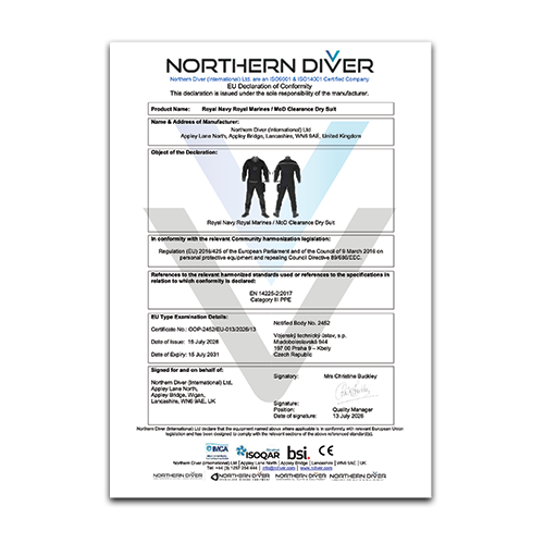 MoD Clearance Drysuit Declaration of Conformity